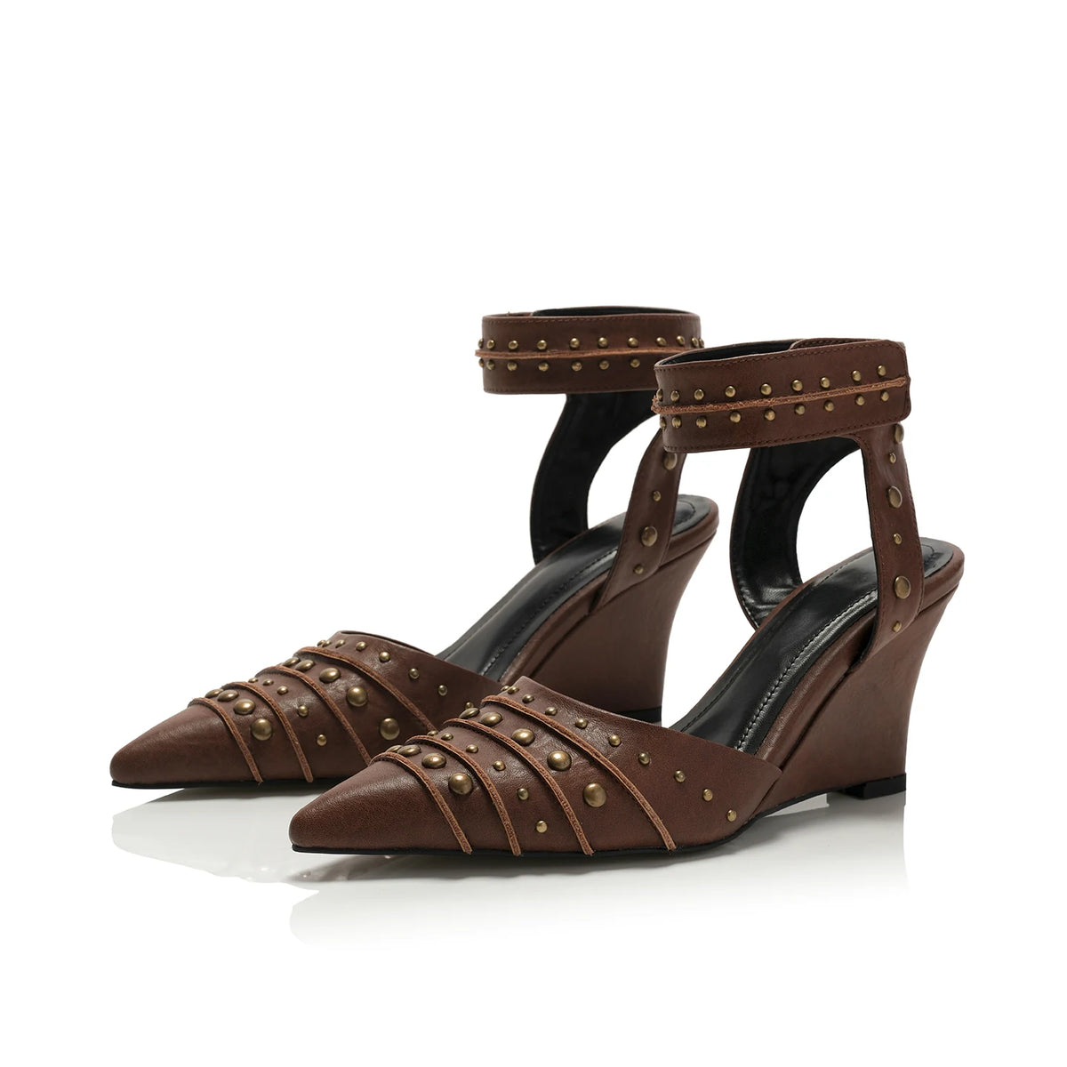 UnicornBlood Tribal Style Rivet Decorated Wedge Sandals Women's Ankle Strap Pointed Toe High-Heeled Fashion Shoes