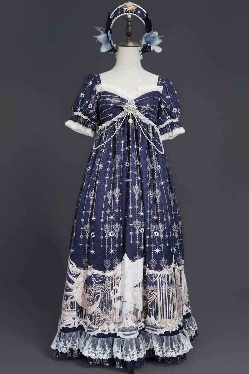 Unicorn Empire Classical Lolita OP Dress - LolitaEraFull Set=OP + Waist Chain + Shawl + HeadpieceSBlueUnicorn Empire Classical Lolita OP Dress