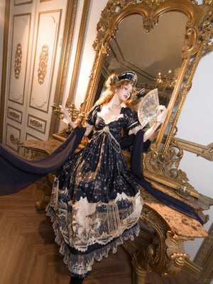 Unicorn Empire Classical Lolita OP Dress - LolitaEraFull Set=OP + Waist Chain + Shawl + HeadpieceSBlueUnicorn Empire Classical Lolita OP Dress