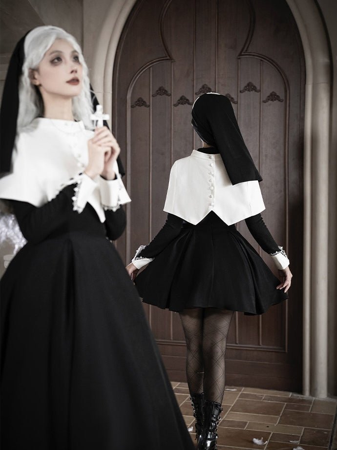 Vanitas Nun Style Flared Hem Twin Lolita Black OP Set - LolitaEraBlack Short SetSVanitas Nun Style Flared Hem Twin Lolita Black OP Set