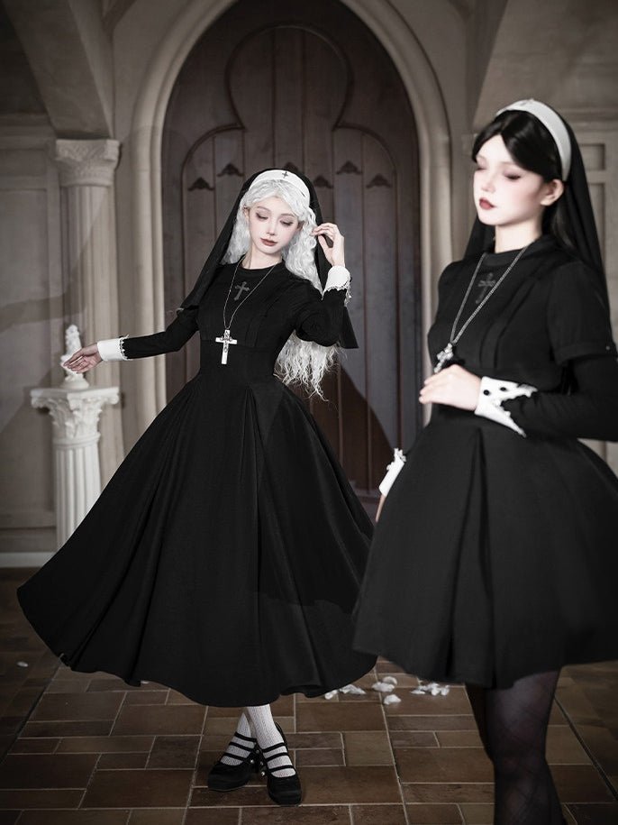 Vanitas Nun Style Flared Hem Twin Lolita Black OP Set - LolitaEraBlack Short SetSVanitas Nun Style Flared Hem Twin Lolita Black OP Set