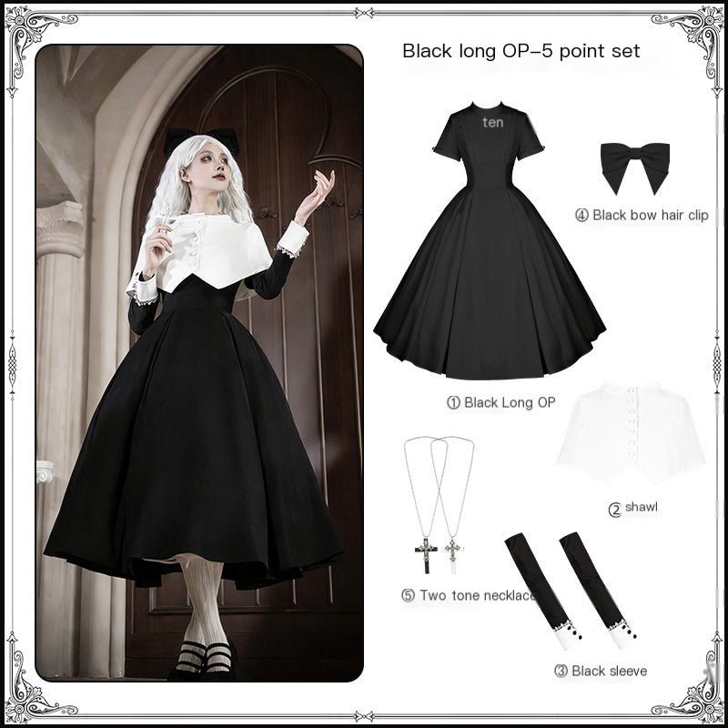 Vanitas Nun Style Flared Hem Twin Lolita Black OP Set - LolitaEraBlack Long SetSVanitas Nun Style Flared Hem Twin Lolita Black OP Set