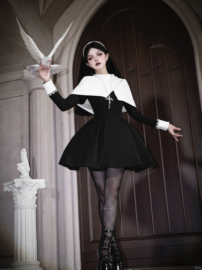 Vanitas Nun Style Flared Hem Twin Lolita Black OP Set - LolitaEraBlack Short SetSVanitas Nun Style Flared Hem Twin Lolita Black OP Set