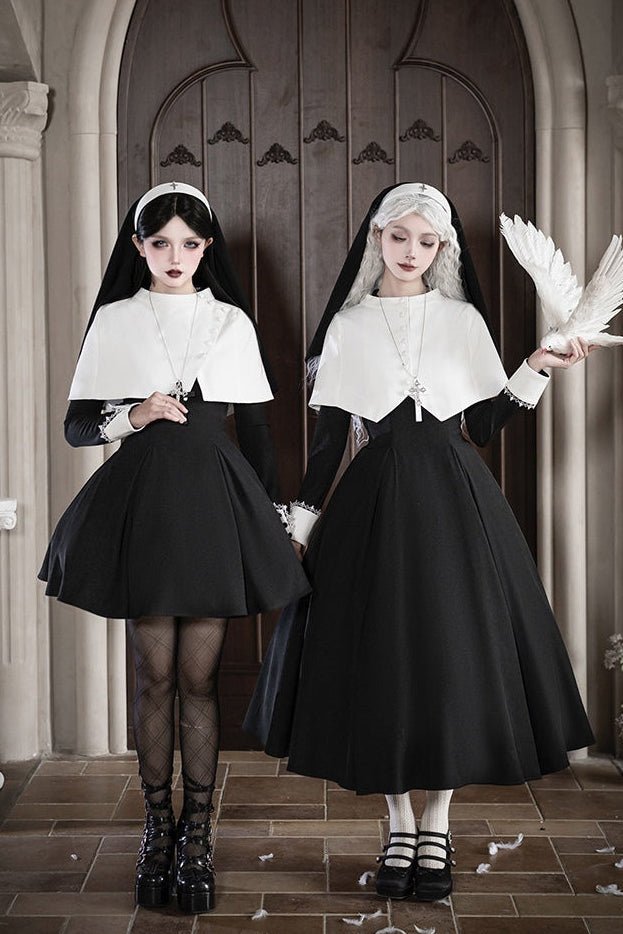 Vanitas Nun Style Flared Hem Twin Lolita Black OP Set - LolitaEraBlack Short SetSVanitas Nun Style Flared Hem Twin Lolita Black OP Set
