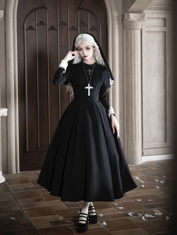 Vanitas Nun Style Flared Hem Twin Lolita Black OP Set - LolitaEraBlack Short SetSVanitas Nun Style Flared Hem Twin Lolita Black OP Set