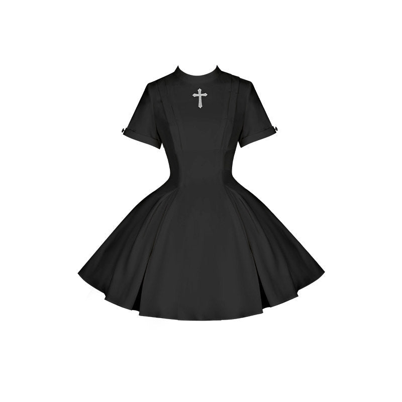 Vanitas Nun Style Flared Hem Twin Lolita Black OP Set - LolitaEraBlack Short OPSVanitas Nun Style Flared Hem Twin Lolita Black OP Set