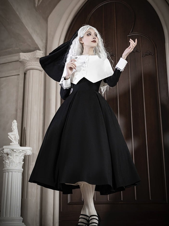 Vanitas Nun Style Flared Hem Twin Lolita Black OP Set - LolitaEraBlack Short SetSVanitas Nun Style Flared Hem Twin Lolita Black OP Set