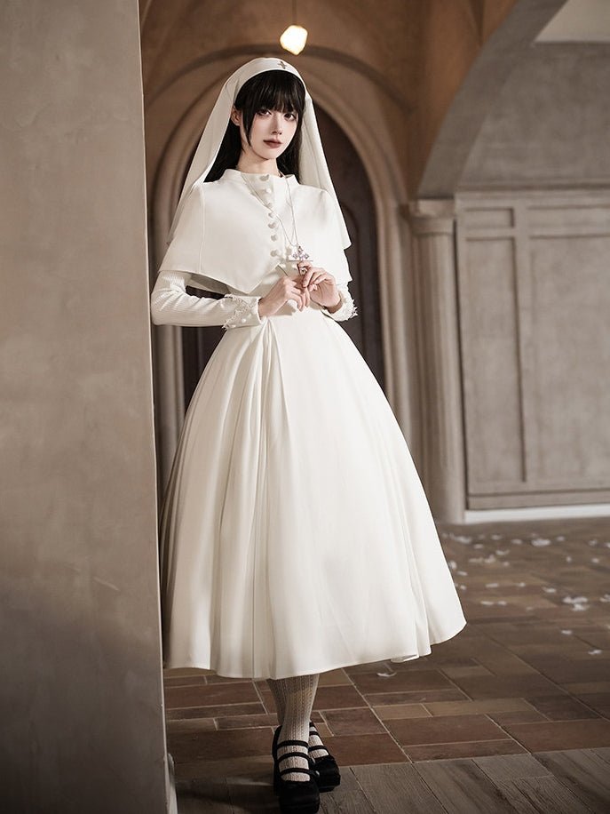 Vanitas Nun Style Flared Hem Twin Lolita White OP Set - LolitaEraWhite Short SetSVanitas Nun Style Flared Hem Twin Lolita White OP Set