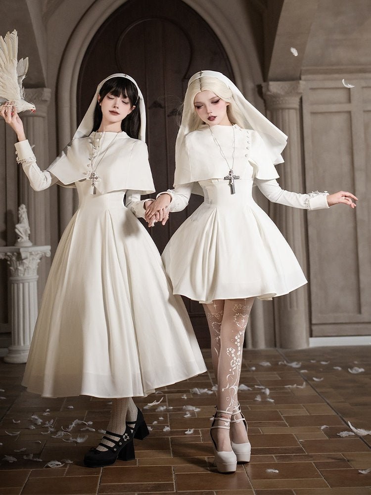 Vanitas Nun Style Flared Hem Twin Lolita White OP Set - LolitaEraWhite Short SetSVanitas Nun Style Flared Hem Twin Lolita White OP Set