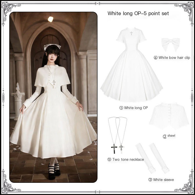 Vanitas Nun Style Flared Hem Twin Lolita White OP Set - LolitaEraWhite Long SetSVanitas Nun Style Flared Hem Twin Lolita White OP Set