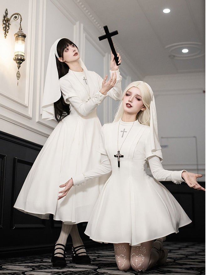 Vanitas Nun Style Flared Hem Twin Lolita White OP Set - LolitaEraWhite Short SetSVanitas Nun Style Flared Hem Twin Lolita White OP Set
