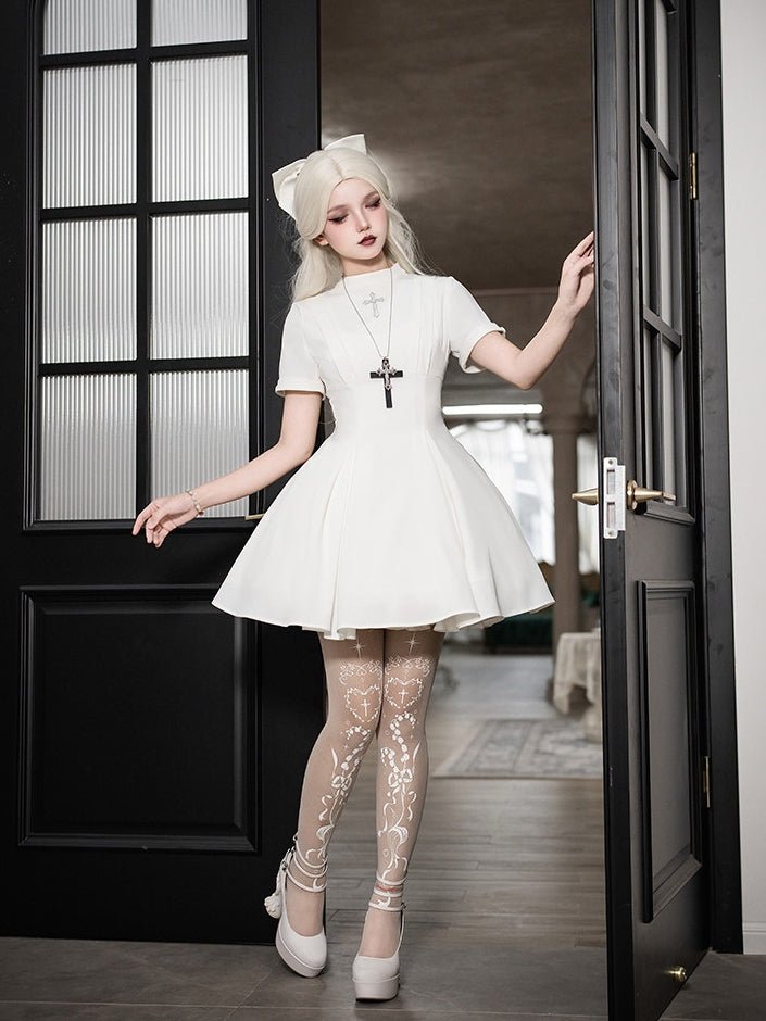 Vanitas Nun Style Flared Hem Twin Lolita White OP Set - LolitaEraWhite Short SetSVanitas Nun Style Flared Hem Twin Lolita White OP Set