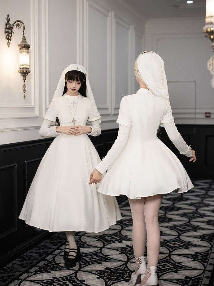 Vanitas Nun Style Flared Hem Twin Lolita White OP Set - LolitaEraWhite Short SetSVanitas Nun Style Flared Hem Twin Lolita White OP Set