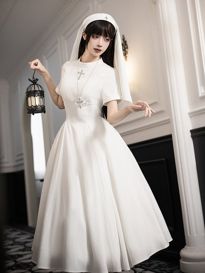 Vanitas Nun Style Flared Hem Twin Lolita White OP Set - LolitaEraWhite Short SetSVanitas Nun Style Flared Hem Twin Lolita White OP Set