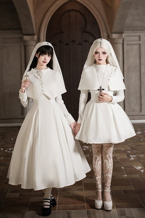 Vanitas Nun Style Flared Hem Twin Lolita White OP Set - LolitaEraWhite Short SetSVanitas Nun Style Flared Hem Twin Lolita White OP Set
