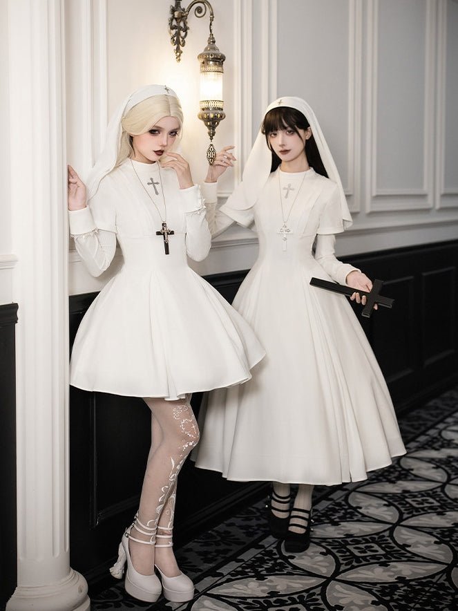 Vanitas Nun Style Flared Hem Twin Lolita White OP Set - LolitaEraWhite Short SetSVanitas Nun Style Flared Hem Twin Lolita White OP Set