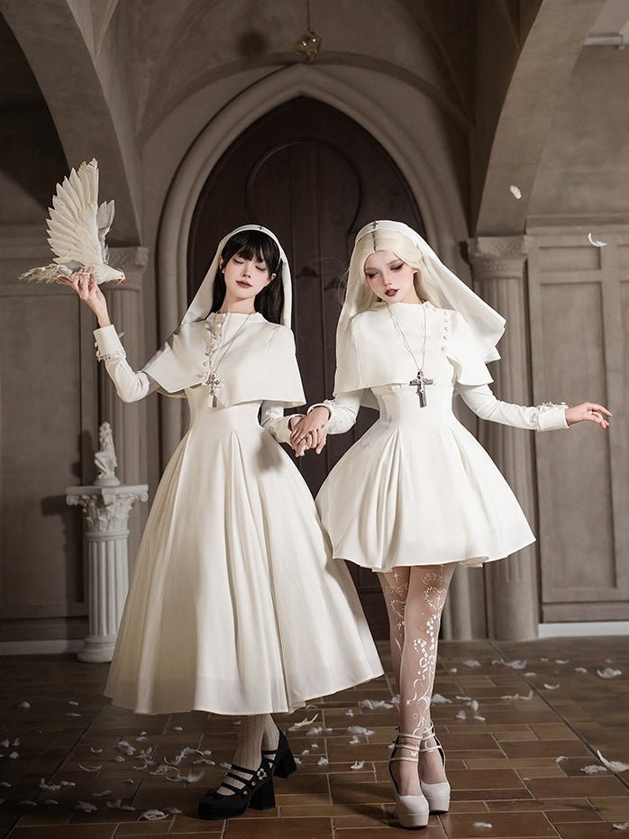 Vanitas Nun Style Flared Hem Twin Lolita White OP Set - LolitaEraWhite Short SetSVanitas Nun Style Flared Hem Twin Lolita White OP Set