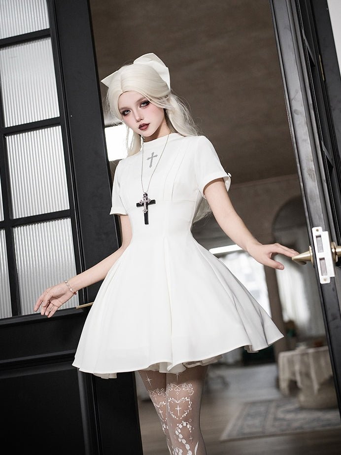 Vanitas Nun Style Flared Hem Twin Lolita White OP Set - LolitaEraWhite Short SetSVanitas Nun Style Flared Hem Twin Lolita White OP Set