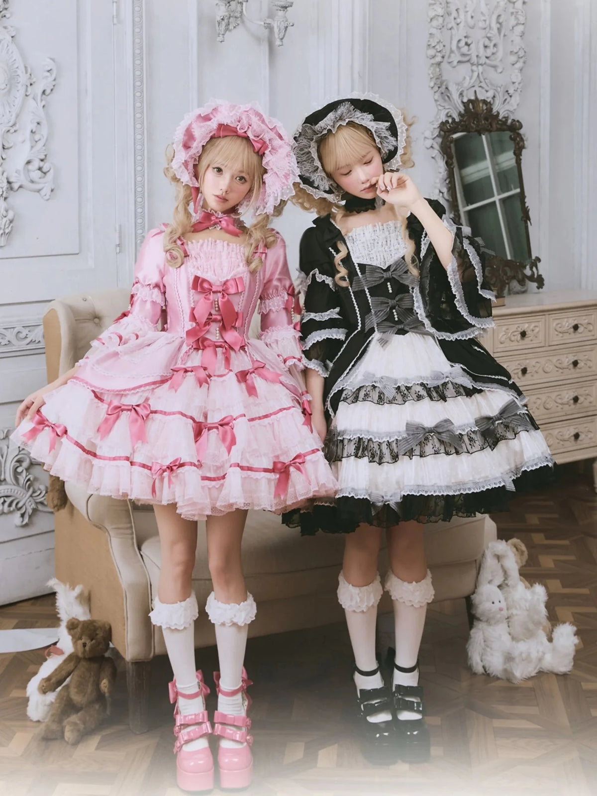 Velvet Cake Doll Pink Black Tiered Ruffle Classic Lolita JSK - LolitaEra