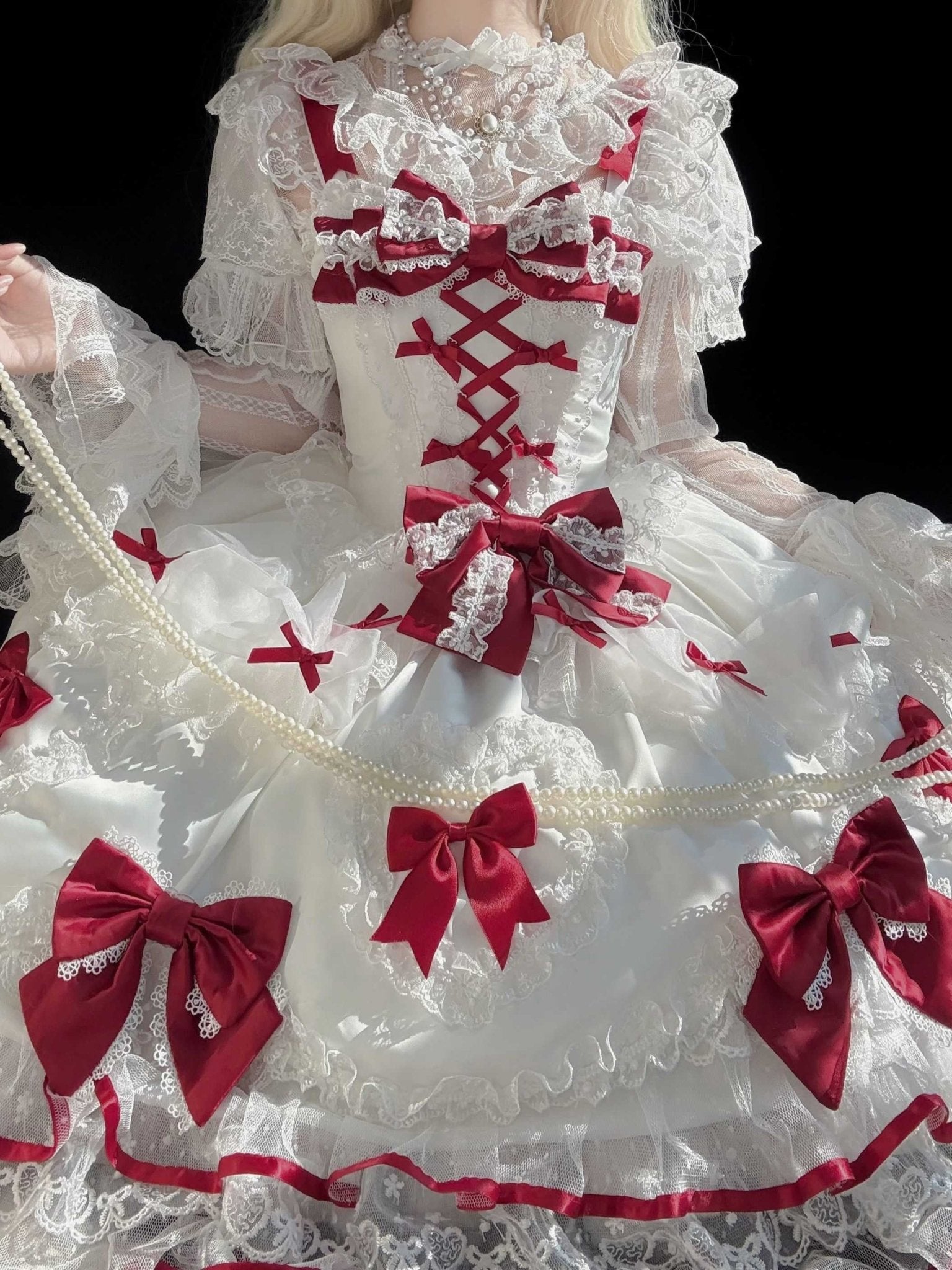 Velvet Sweetheart Lolita JSK White&Red Dress 1317 - LolitaEraRed JSK+Back BowSVelvet Sweetheart Lolita JSK White&Red Dress 1317