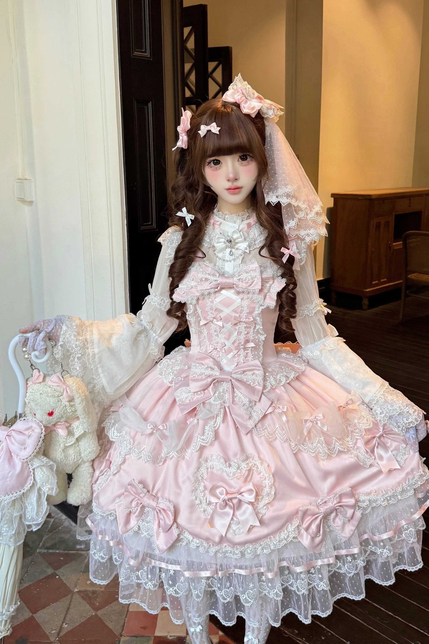 Velvet Sweetheart Lolita Pink JSK Dress 1332 - LolitaEraPink JSK+VeilSVelvet Sweetheart Lolita Pink JSK Dress 1332