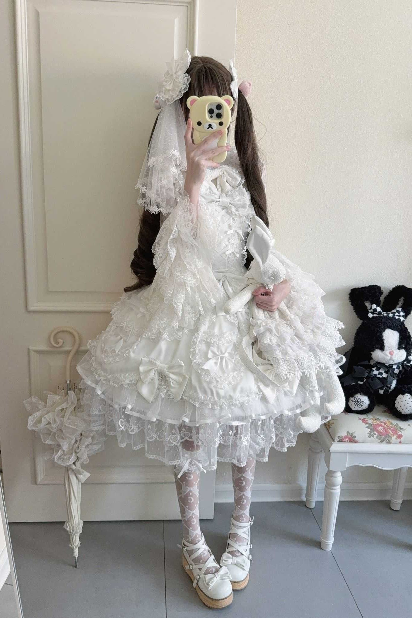 Velvet Sweetheart Lolita White JSK Dress 1333 - LolitaEraWhite JSK+Back Bow+VeilSVelvet Sweetheart Lolita White JSK Dress 1333