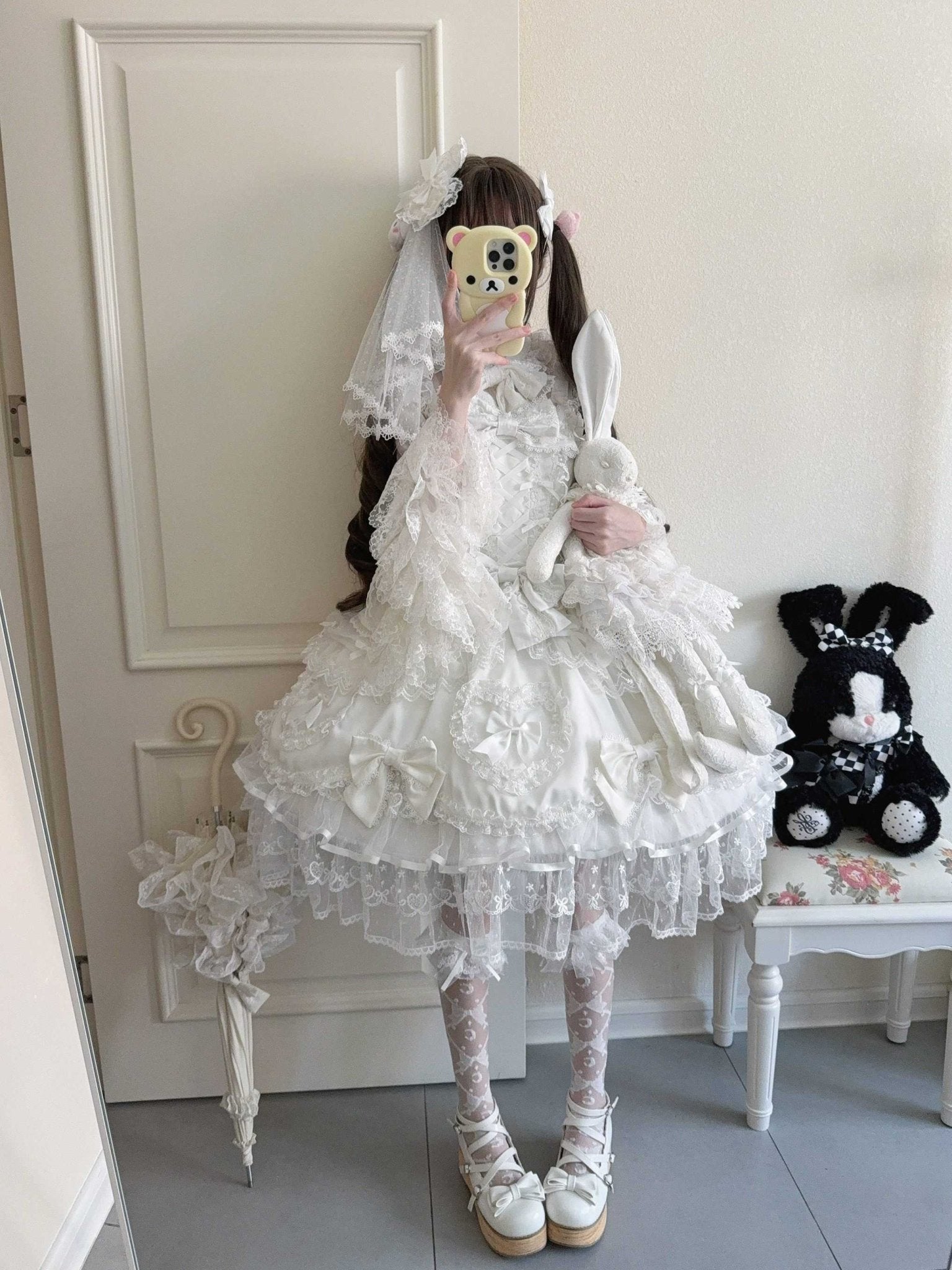 Velvet Sweetheart Lolita White JSK Dress 1333 - LolitaEraWhite JSK+Back Bow+VeilSVelvet Sweetheart Lolita White JSK Dress 1333