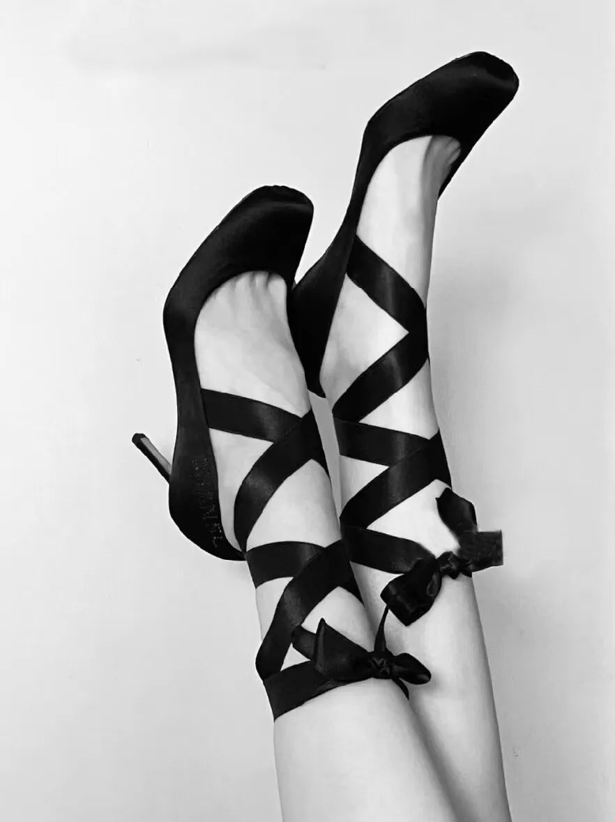 In-stock Vintage Ballet High Heels French Stiletto Single Shoes Mary Jane Satin Mid-heel Cross-strap Antique Shoes