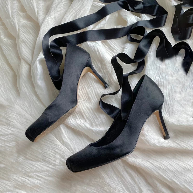 In-stock Vintage Ballet High Heels French Stiletto Single Shoes Mary Jane Satin Mid-heel Cross-strap Antique Shoes