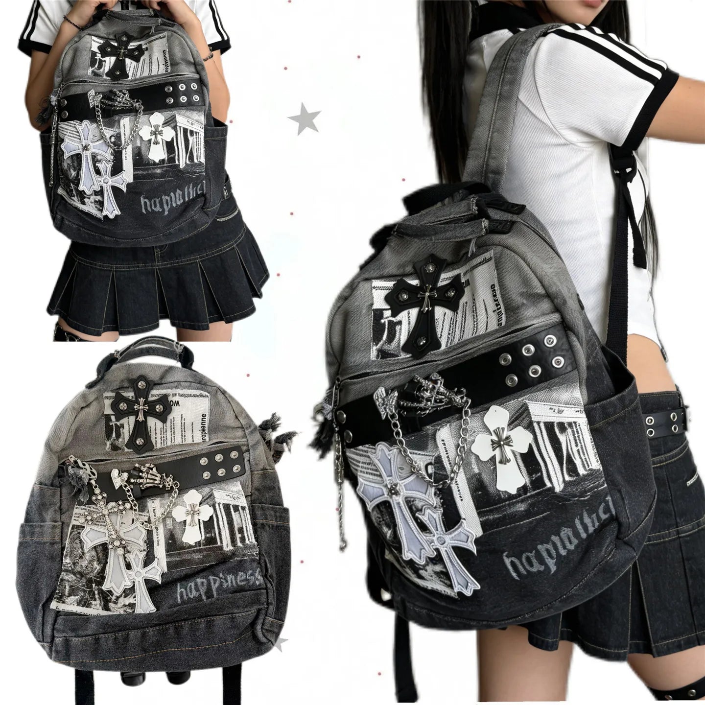 Daylight Distressed Denim Punk Backpack Subculture Y2K Millennium Backpack Dark Gothic Student School Bag