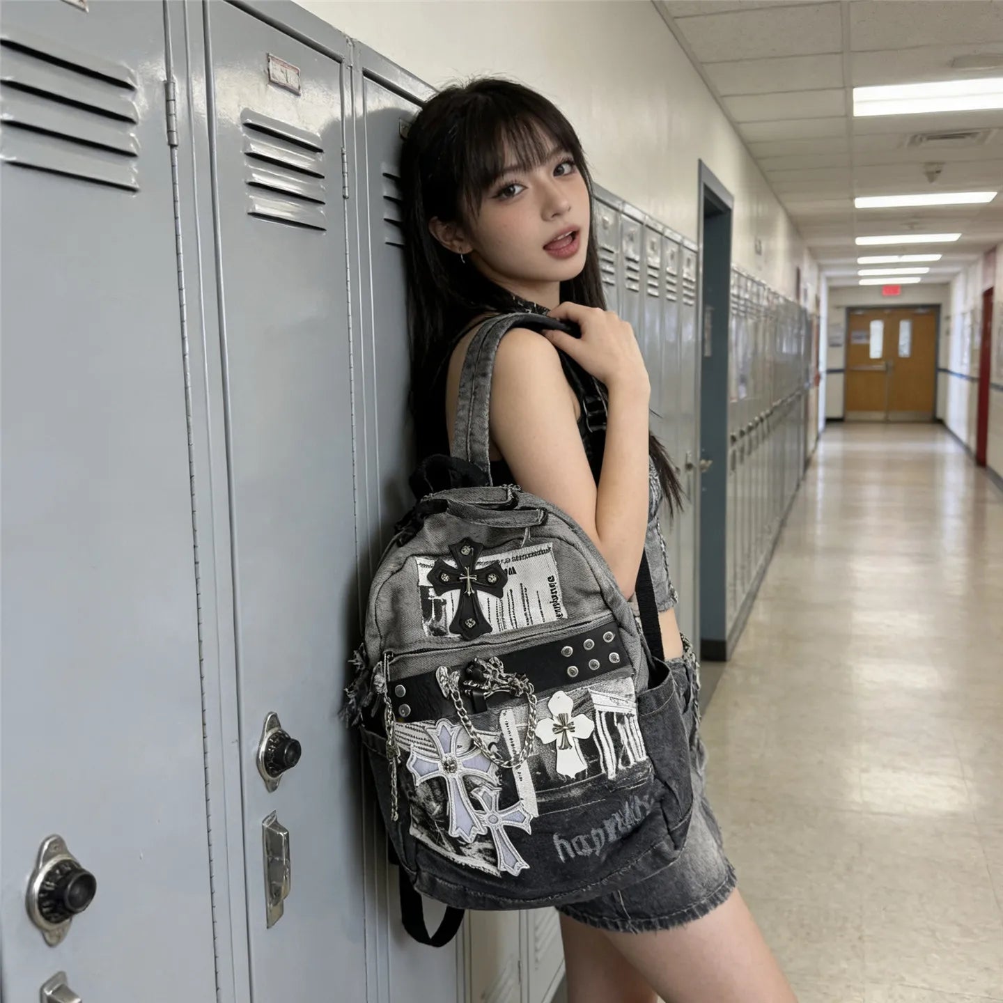 Daylight Distressed Denim Punk Backpack Subculture Y2K Millennium Backpack Dark Gothic Student School Bag