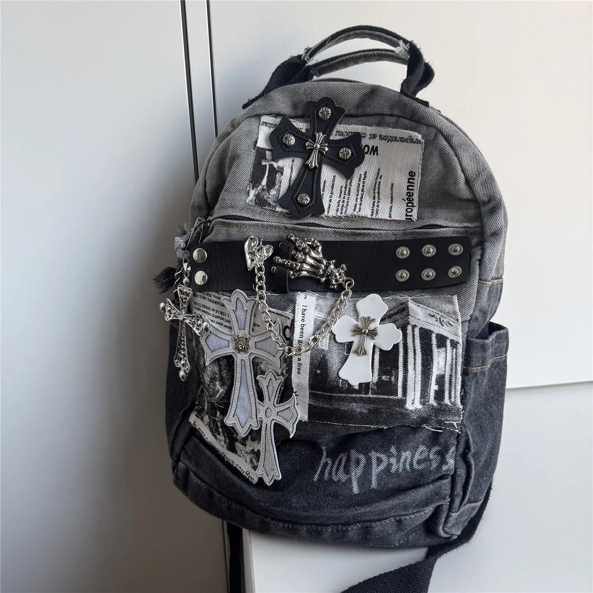 Daylight Distressed Denim Punk Backpack Subculture Y2K Millennium Backpack Dark Gothic Student School Bag