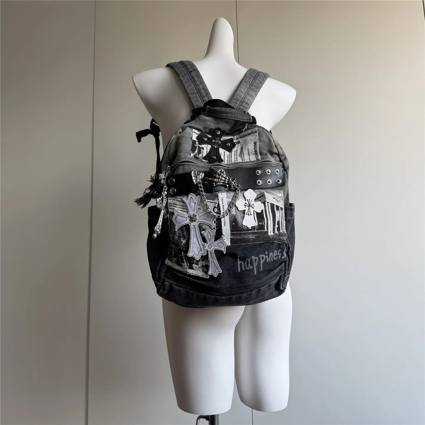 Daylight Distressed Denim Punk Backpack Subculture Y2K Millennium Backpack Dark Gothic Student School Bag