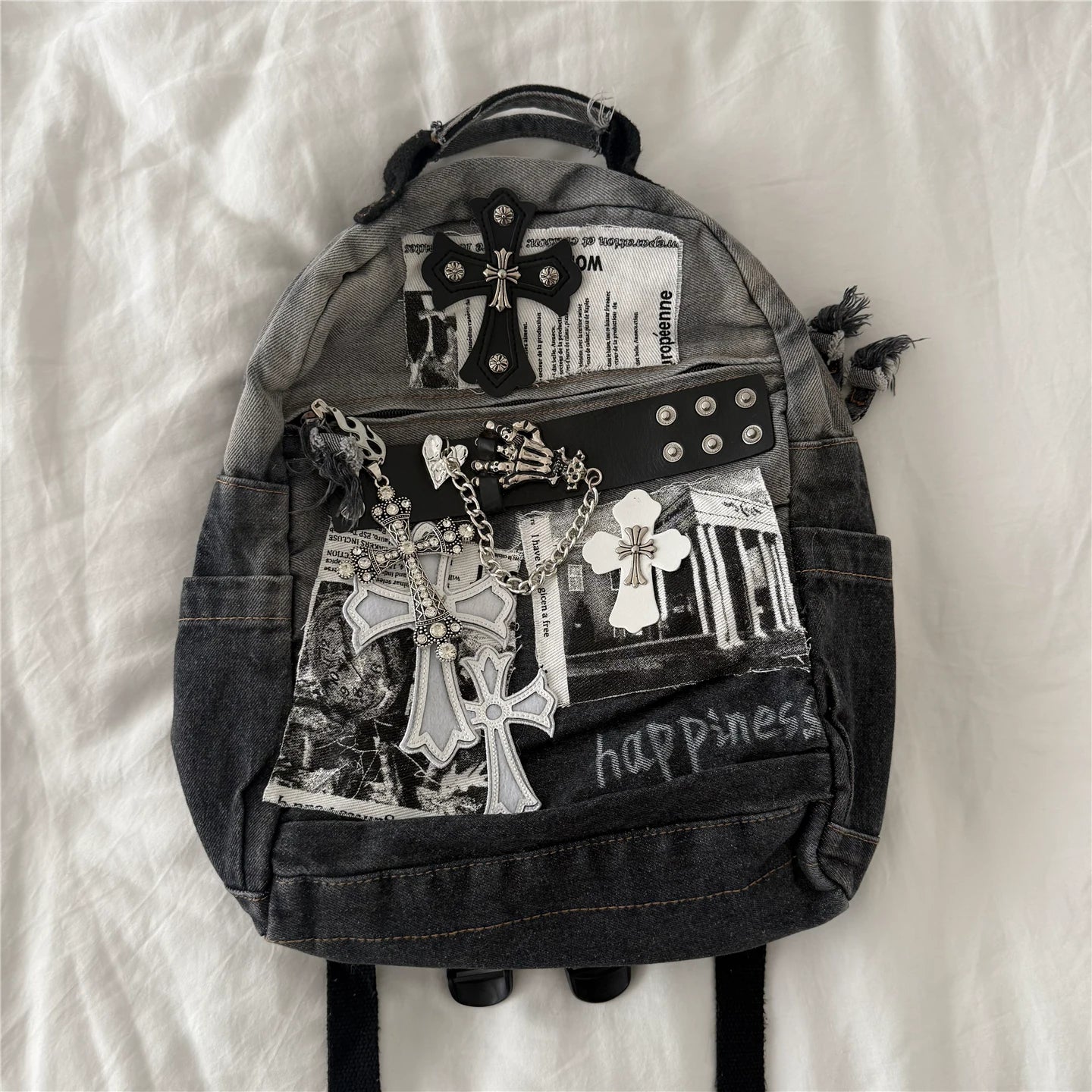 Daylight Distressed Denim Punk Backpack Subculture Y2K Millennium Backpack Dark Gothic Student School Bag