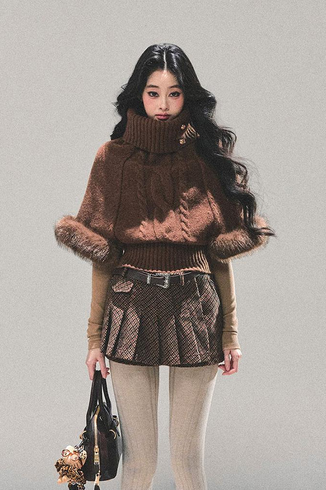 Vintage High Neck Mohair Cable Knit Sweater LE1175 - LolitaEraBrownSVintage High Neck Mohair Cable Knit Sweater LE1175