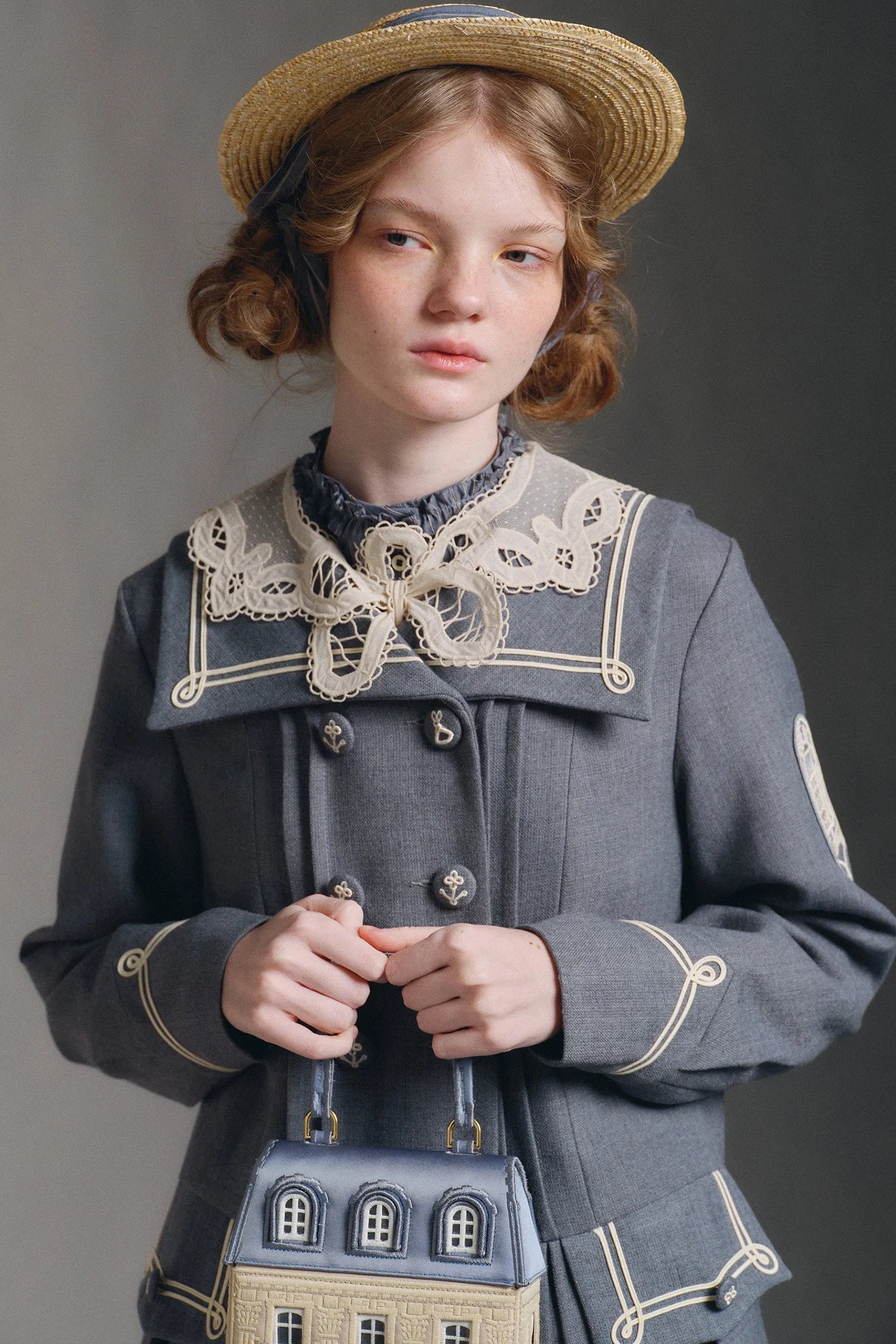 Huandian Original Design Blue and White Trim Vintage Sailor Style Jacket