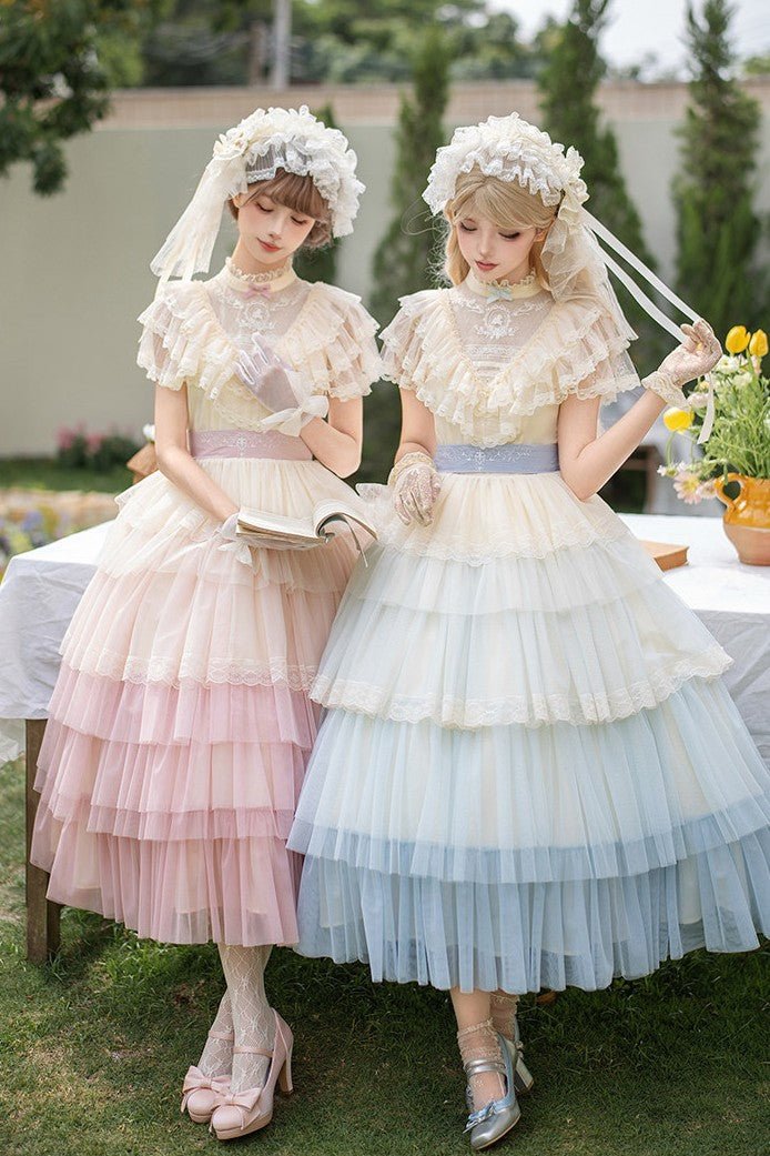 Vow Edwardian Collar Gradient Embroidery OP Cake Skirt - LolitaEraPink 4 - Piece Set (OP + Headband + Flower Veil + Belt)SVow Edwardian Collar Gradient Embroidery OP Cake Skirt