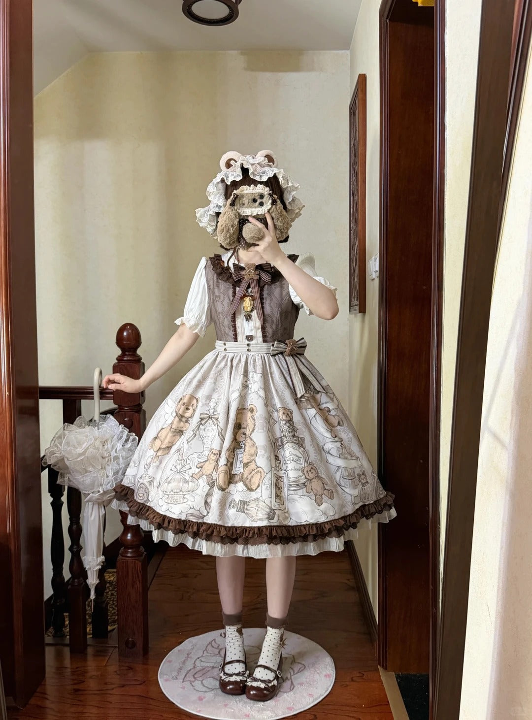 Fula Bear's Perfume Shop Lolita Vintage Bear Print OP Dress