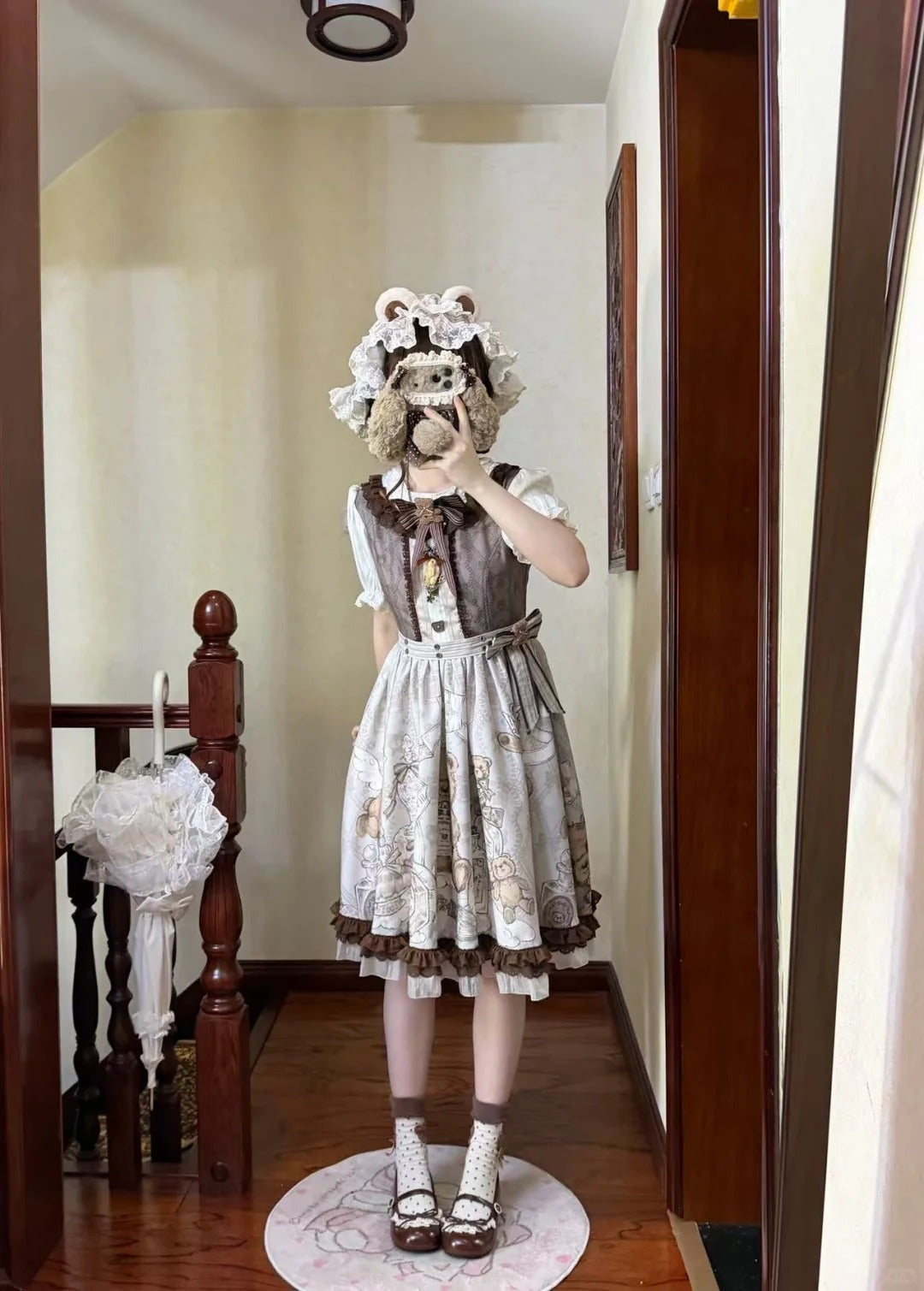 Fula Bear's Perfume Shop Lolita Vintage Bear Print OP Dress