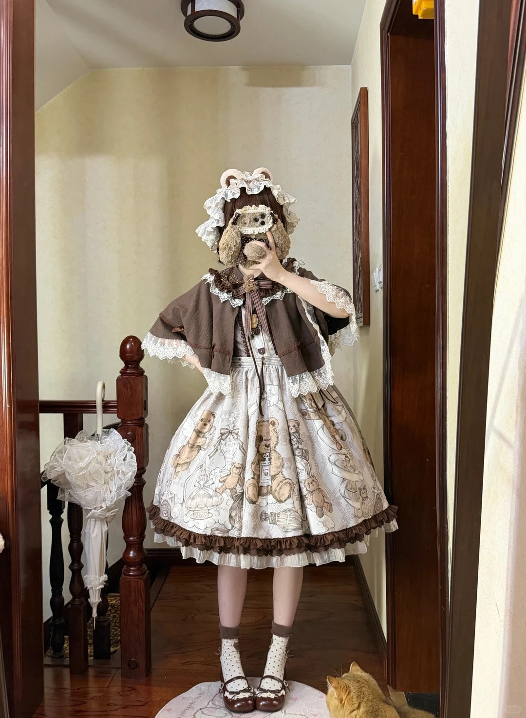 Fula Bear's Perfume Shop Lolita Vintage Bear Print OP Dress