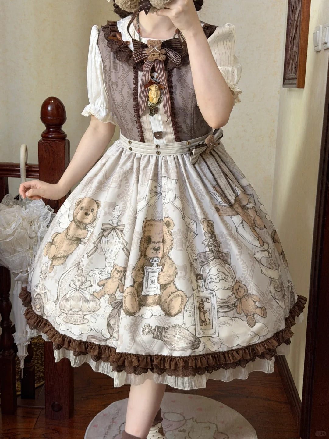 Fula Bear's Perfume Shop Lolita Vintage Bear Print OP Dress