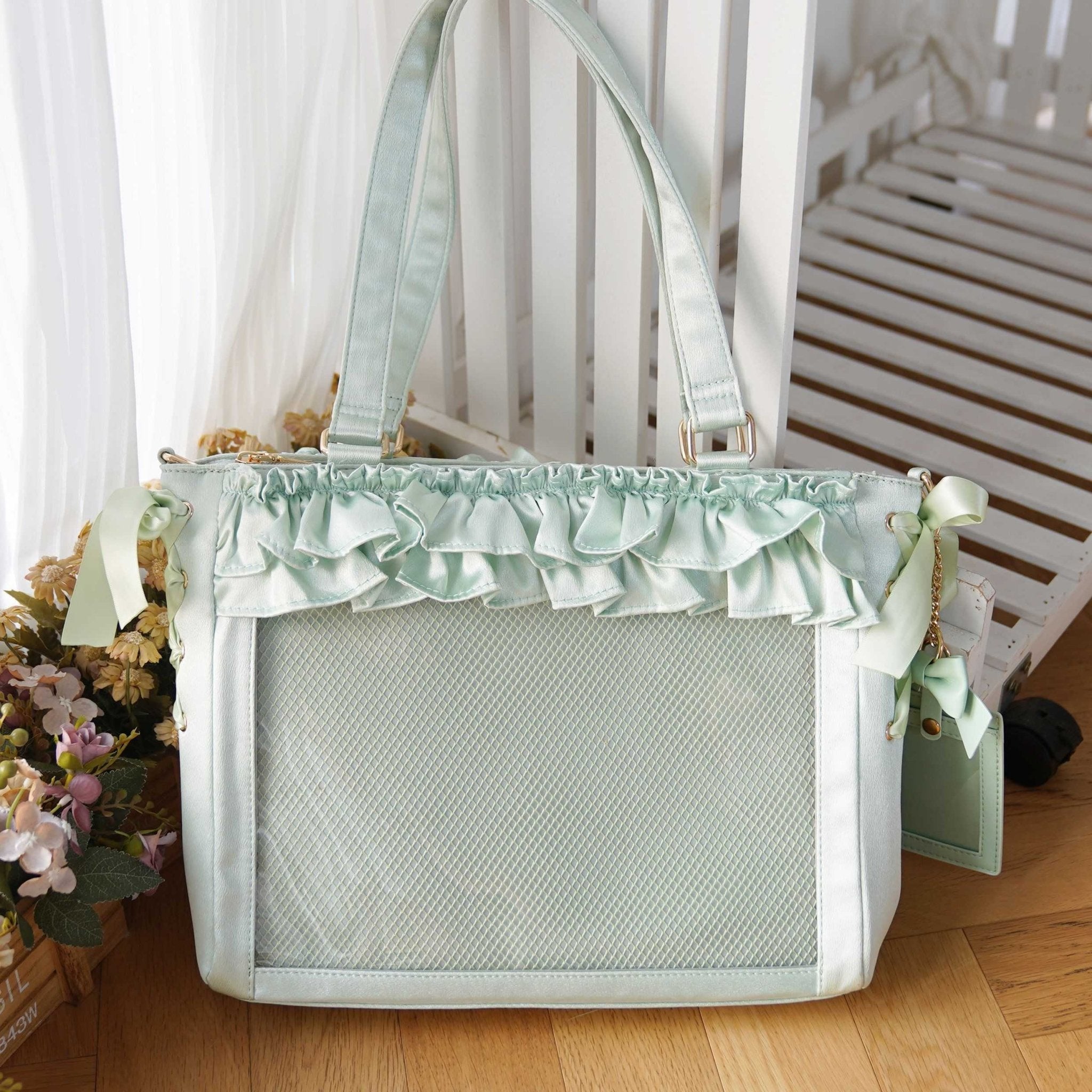 Wave Satin Crossbody Ribbon Bow Ita Bag 1288 - LolitaEraMint GreenWave Satin Crossbody Ribbon Bow Ita Bag 1288
