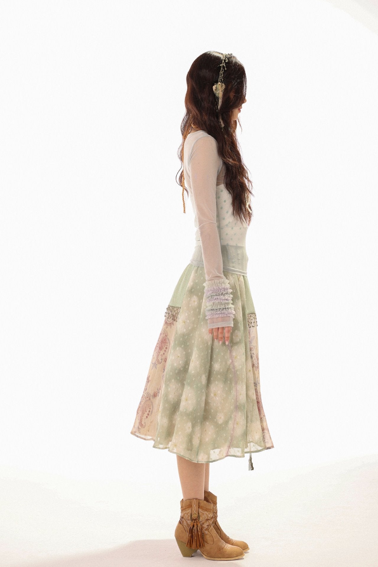 White Clover Sage Green Irregular Patchwork Drawstring Midi Skirt - LolitaEra