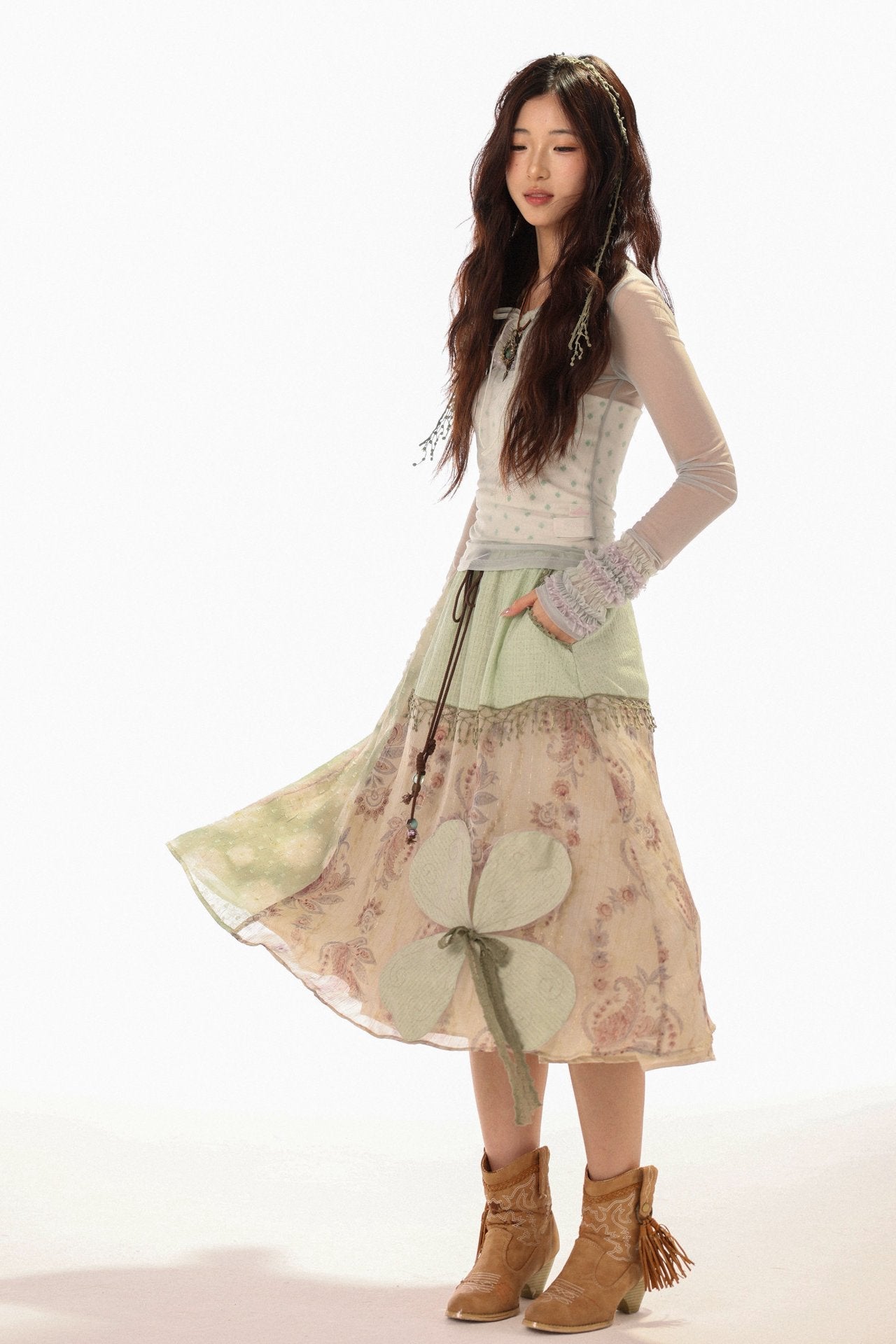White Clover Sage Green Irregular Patchwork Drawstring Midi Skirt - LolitaEra