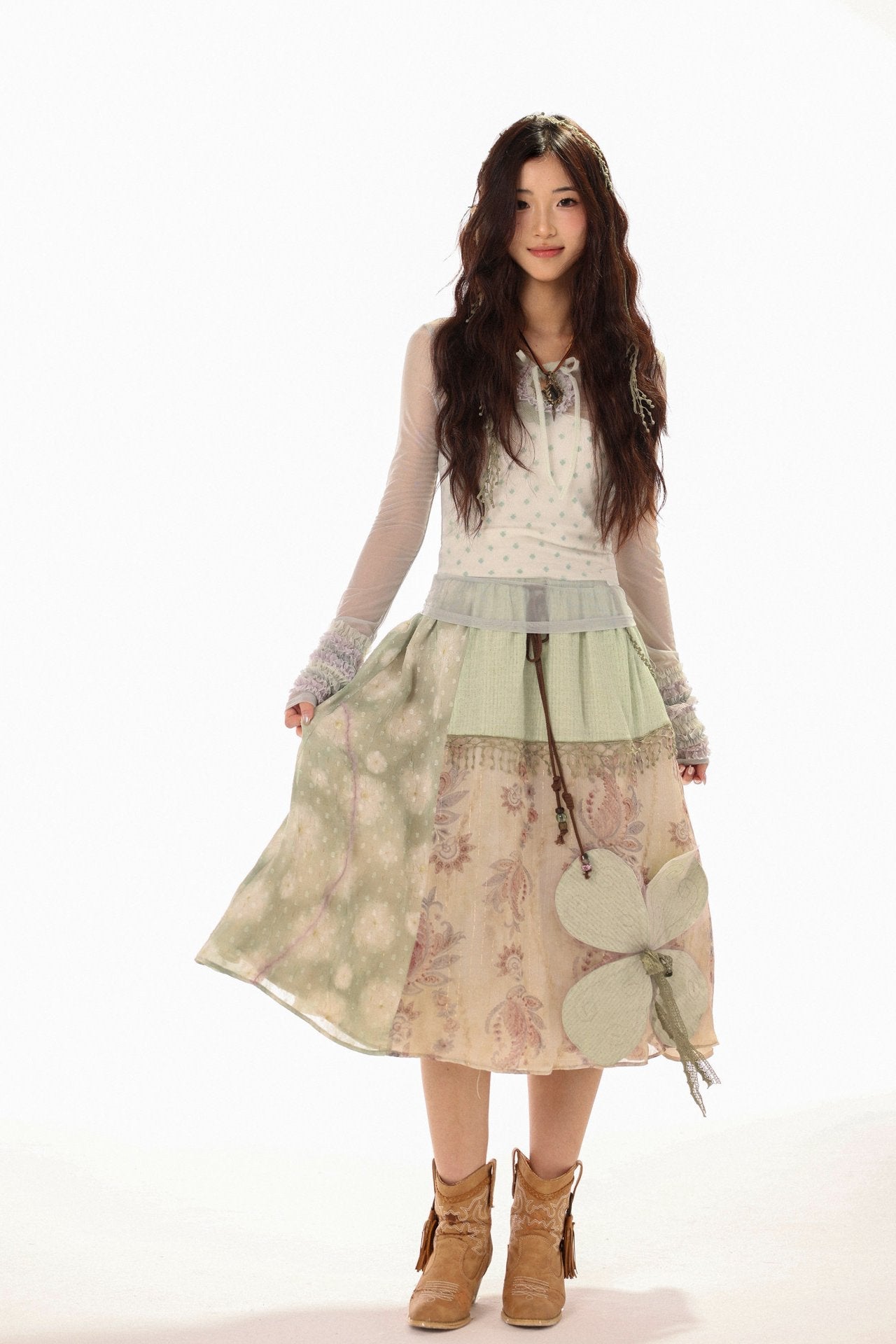White Clover Sage Green Irregular Patchwork Drawstring Midi Skirt - LolitaEra