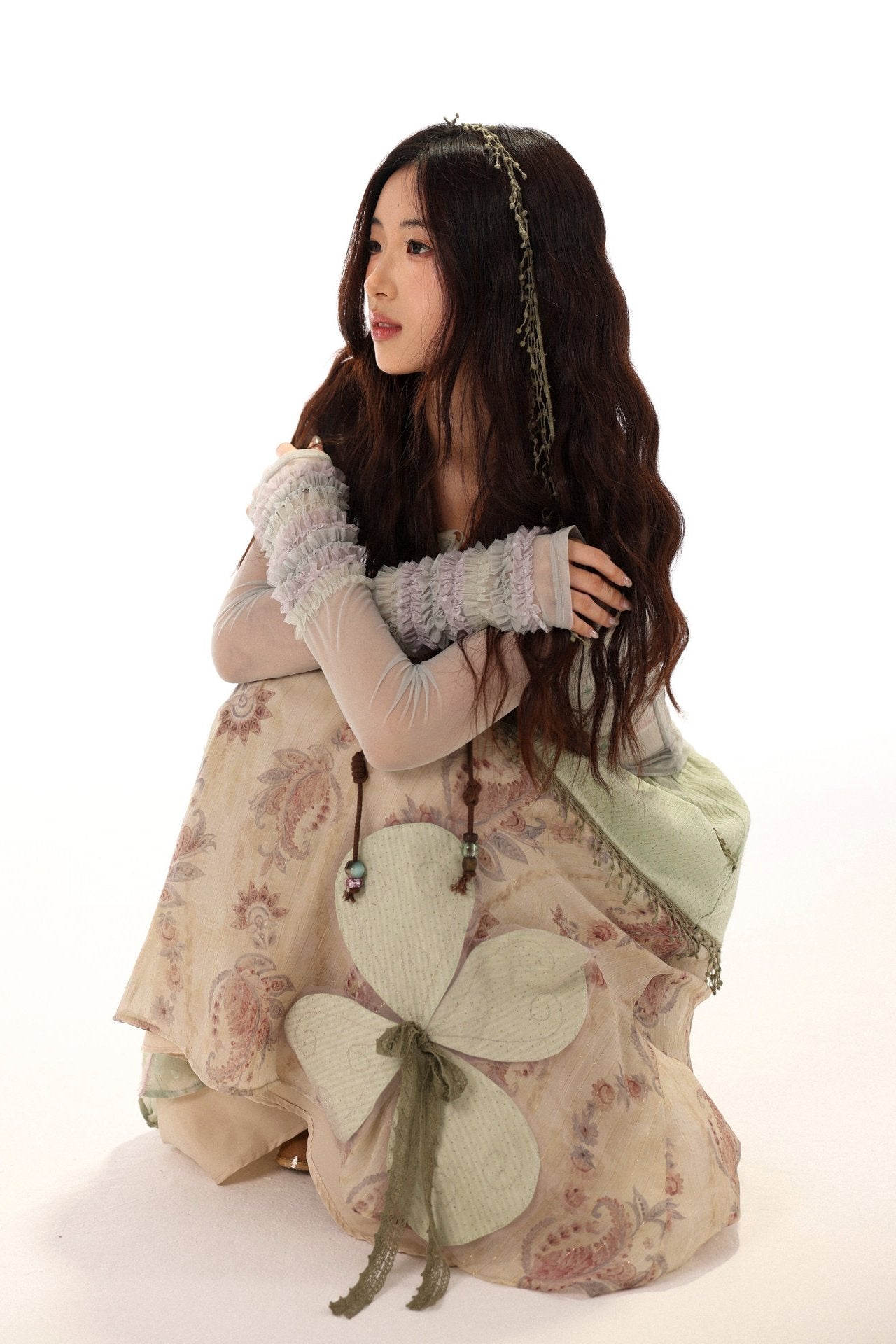 White Clover Sage Green Irregular Patchwork Drawstring Midi Skirt - LolitaEra