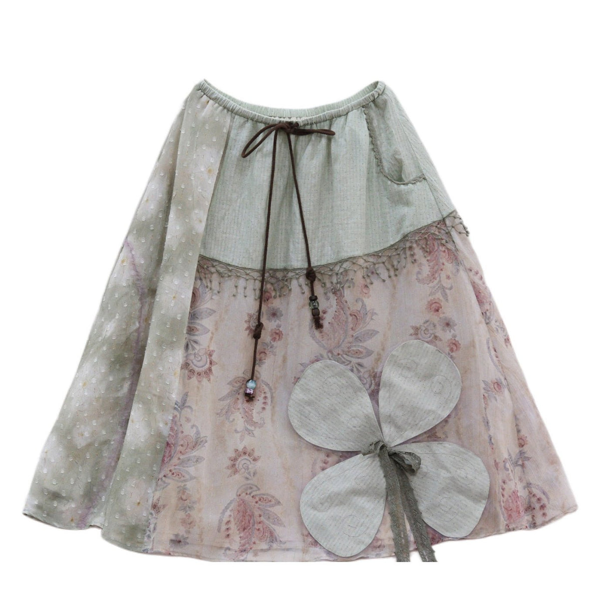 White Clover Sage Green Irregular Patchwork Drawstring Midi Skirt - LolitaEra