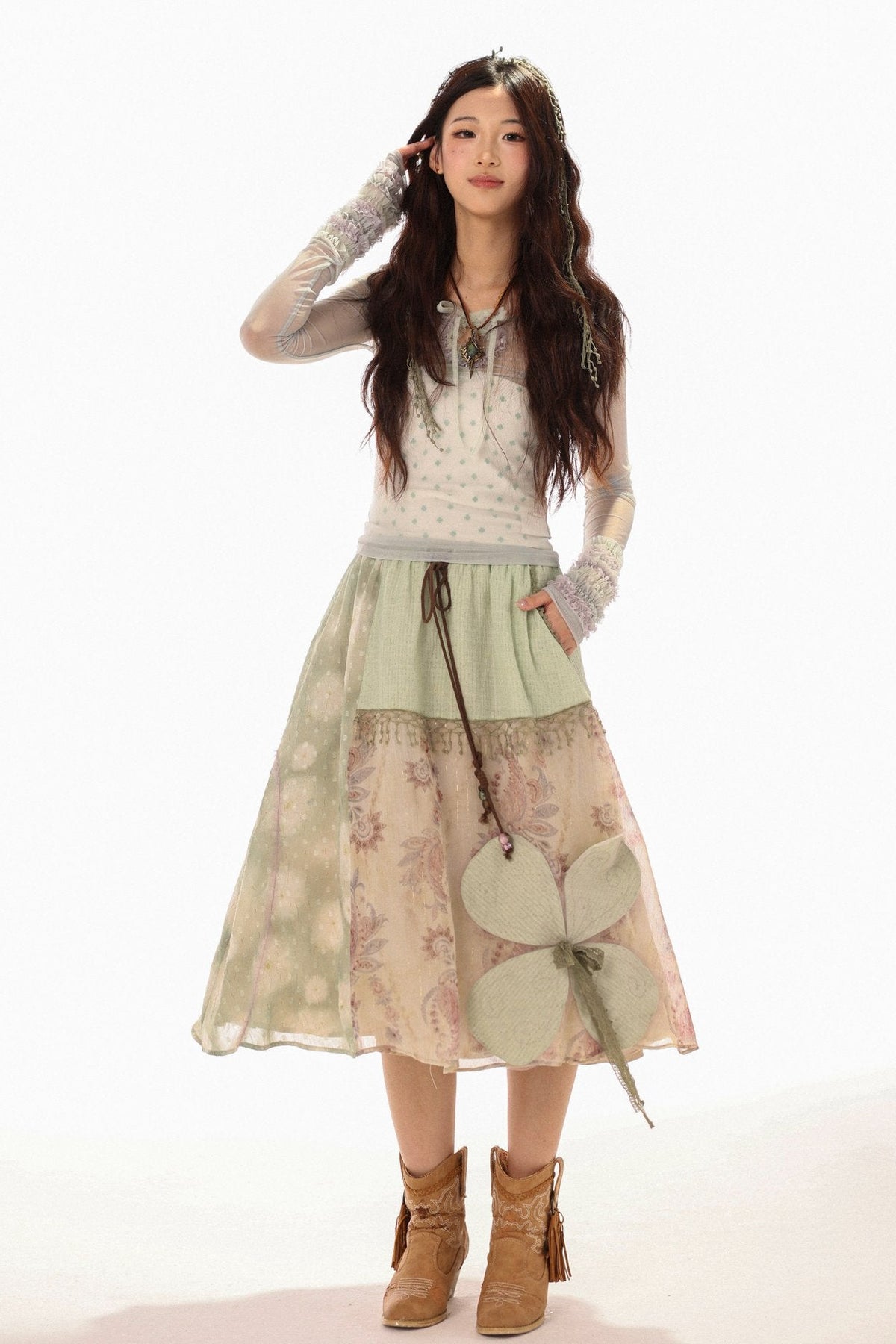 White Clover Sage Green Irregular Patchwork Drawstring Midi Skirt - LolitaEra