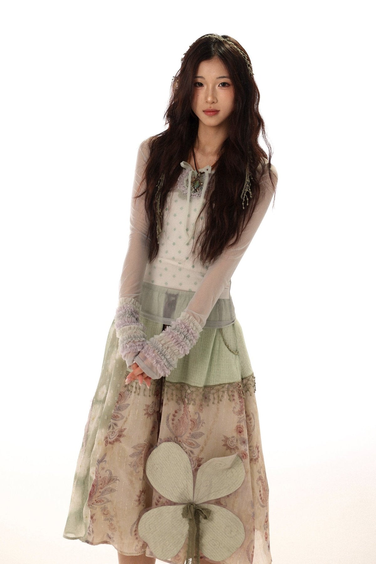 White Clover Sage Green Irregular Patchwork Drawstring Midi Skirt - LolitaEra