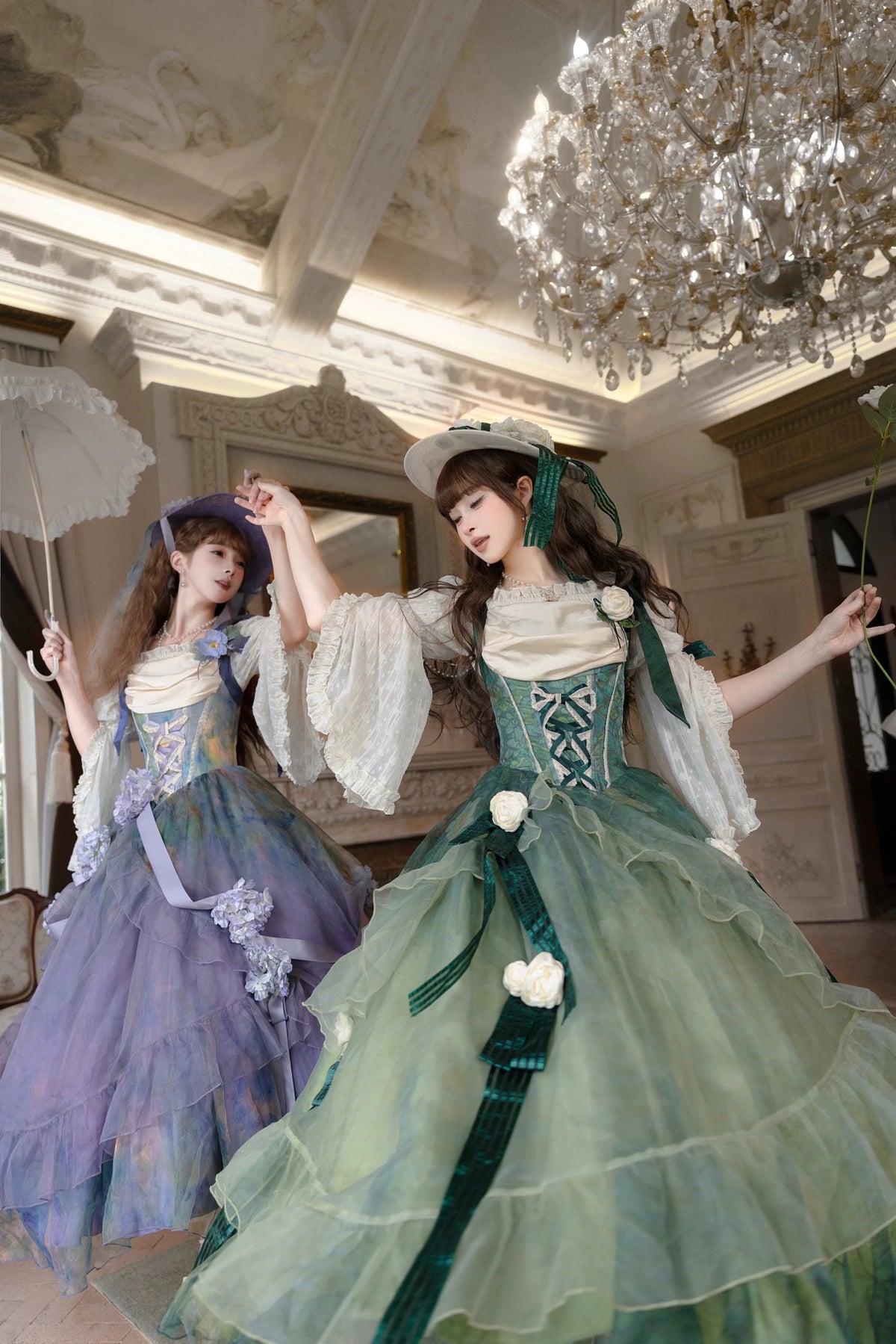 Wild Roses of Arles Purple Green Oil Painting Print Cowl Neck Tail JSK Classic Lolita Dress - LolitaEra